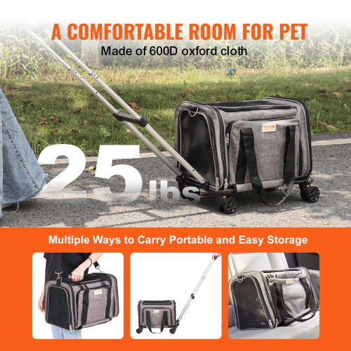 VEVOR 25 lbs Cat Carrier with Wheels, Airline Approved Rolling Pet Carrier with Telescopic Handle and Shoulder Strap, Dog Carrier with Wheels for