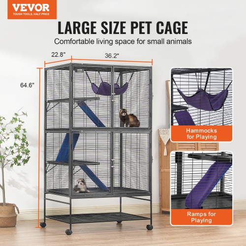 VEVOR 64.6" Rolling Metal Ferret Cage, Large 4-Tier Critter Nation Cage, Small Animal Cage with Ramps & Tray, Easy to Set up for Pet Rats, Hamster,