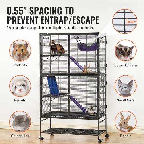 VEVOR 64.6" Rolling Metal Ferret Cage, Large 4-Tier Critter Nation Cage, Small Animal Cage with Ramps & Tray, Easy to Set up for Pet Rats, Hamster,
