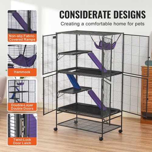 VEVOR 64.6" Rolling Metal Ferret Cage, Large 4-Tier Critter Nation Cage, Small Animal Cage with Ramps & Tray, Easy to Set up for Pet Rats, Hamster,