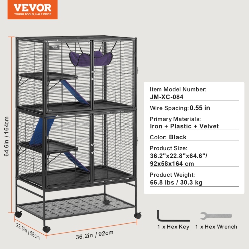 VEVOR 64.6" Rolling Metal Ferret Cage, Large 4-Tier Critter Nation Cage, Small Animal Cage with Ramps & Tray, Easy to Set up for Pet Rats, Hamster,