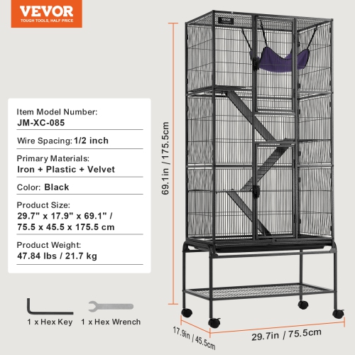 VEVOR 69" Rolling Metal Ferret Cage, Large 4-Tier Critter Nation Cage, Small Animal Cage with Ramps & Tray, Easy to Set up for Pet Rats, Hamster,