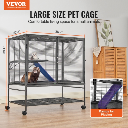 VEVOR 39" Rolling Metal Ferret Cage, Large 2-Tier Critter Nation Cage, Small Animal Cage with Ramps & Tray, Easy to Set up for Pet Rats, Hamster,