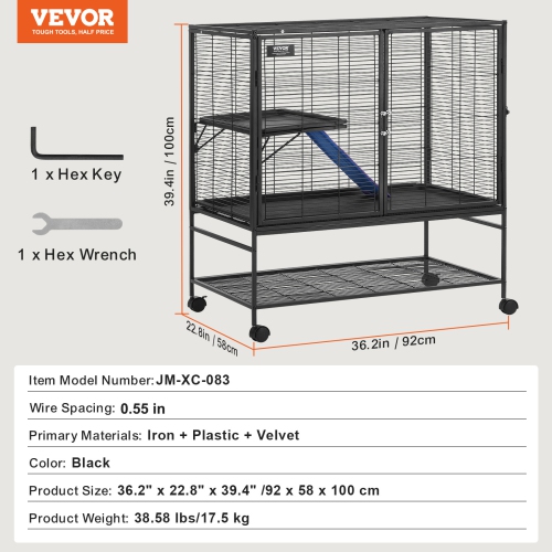 VEVOR 39" Rolling Metal Ferret Cage, Large 2-Tier Critter Nation Cage, Small Animal Cage with Ramps & Tray, Easy to Set up for Pet Rats, Hamster,