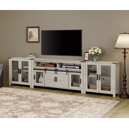 Image 1 de 8.. Ensemble de meuble pour téléviseur 100&nbsp;po de WAMPAT, armoire de rangement à porte avec filet pour le salon, unités de rangement de style
