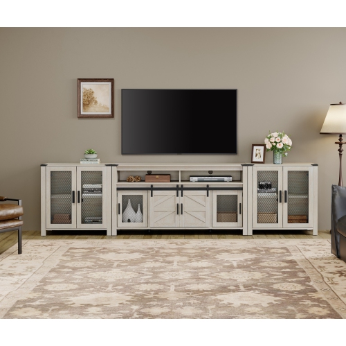 WAMPAT TV Stand Set for 100 inch TV,Door Storage Cabinet with Mesh for Living Room,Farmhouse Storage Units with Open and Adjustable Shelf,Antique