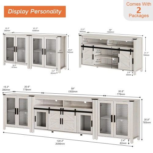 WAMPAT TV Stand Set for 100 inch TV,Door Storage Cabinet with Mesh for Living Room,Farmhouse Storage Units with Open and Adjustable Shelf,Antique