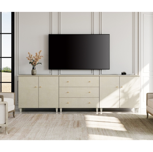 WAMPAT TV Stand for 100+ Inch TVs, 3-in-1 Modern Entertainment Center with 4 Doors and 3 Drawers, 106" Wooden Media Console Table with Compartments