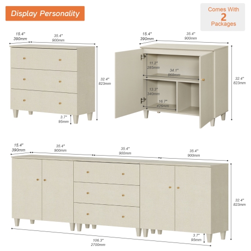 WAMPAT TV Stand for 100+ Inch TVs, 3-in-1 Modern Entertainment Center with 4 Doors and 3 Drawers, 106" Wooden Media Console Table with Compartments