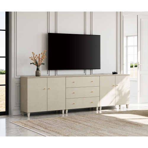 WAMPAT TV Stand for 100+ Inch TVs, 3-in-1 Modern Entertainment Center with 4 Doors and 3 Drawers, 106" Wooden Media Console Table with Compartments