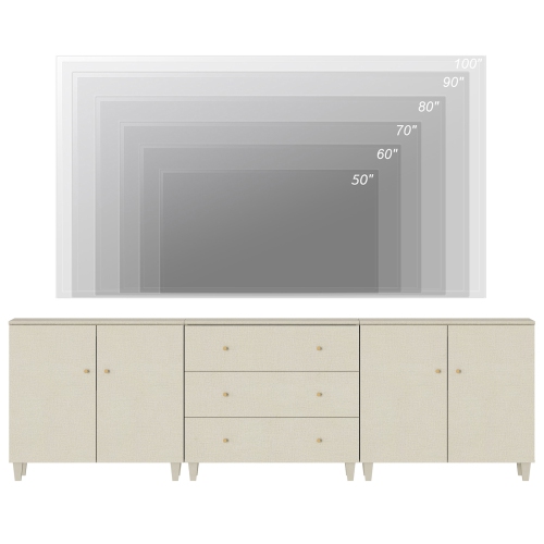 WAMPAT TV Stand for 100+ Inch TVs, 3-in-1 Modern Entertainment Center with 4 Doors and 3 Drawers, 106" Wooden Media Console Table with Compartments