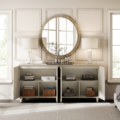 WAMPAT TV Stand for 100+ Inch TVs, 3-in-1 Modern Entertainment Center with 4 Doors and 3 Drawers, 106" Wooden Media Console Table with Compartments