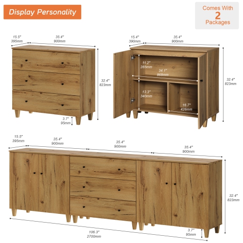 WAMPAT TV Stand for 100+ Inch TVs,3-in-1 Modern Entertainment Center with 4 Doors and 3 Drawers,106" Wooden Media Console Table with Compartments for