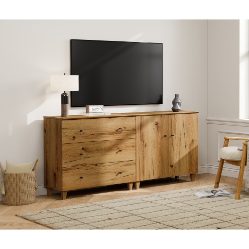 WAMPAT  Tv Stand for Tvs Up to 75 Inch, 2-In-1 Modern Entertainment Center w 2 Doors And 3 Drawers, 70.8" Wooden Media Console Table w Storage For