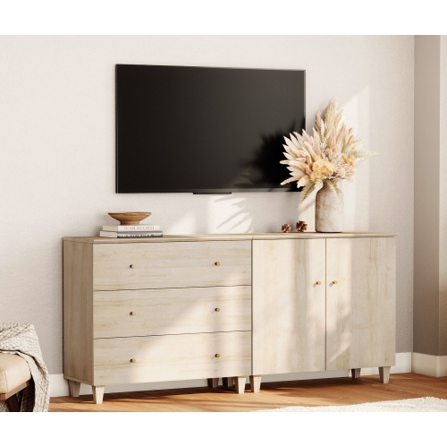 Meuble WAMPAT pour téléviseur jusqu'à 75 po, centre de divertissement moderne 2-en-1 avec 2 portes et 3 tiroirs, console multimédia en bois de