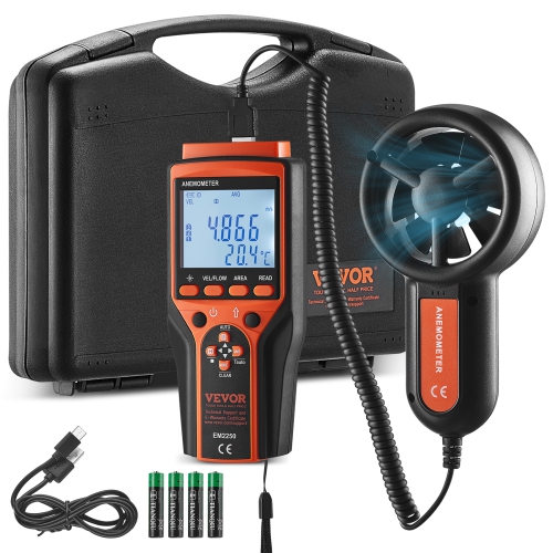 VEVOR 14℉-140℉ Split Handheld Anemometer, Digital Wind Speed CFM Meter Gauge with LED Backlight Screen, Measures Wind Velocity Wind Temperature Air