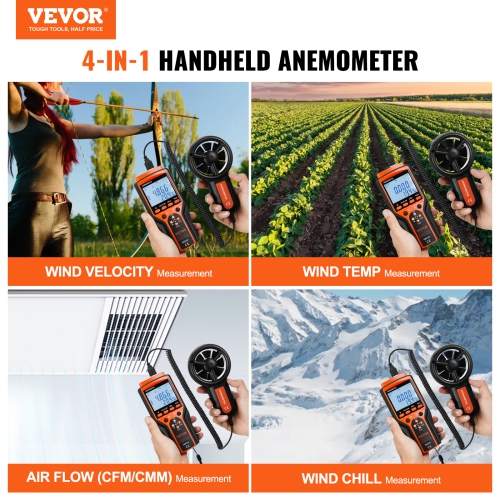 VEVOR 14℉-140℉ Split Handheld Anemometer, Digital Wind Speed CFM Meter Gauge with LED Backlight Screen, Measures Wind Velocity Wind Temperature Air