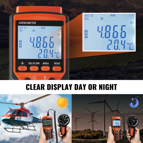 VEVOR 14℉-140℉ Split Handheld Anemometer, Digital Wind Speed CFM Meter Gauge with LED Backlight Screen, Measures Wind Velocity Wind Temperature Air