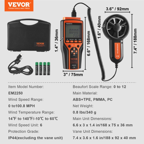 VEVOR 14℉-140℉ Split Handheld Anemometer, Digital Wind Speed CFM Meter Gauge with LED Backlight Screen, Measures Wind Velocity Wind Temperature Air