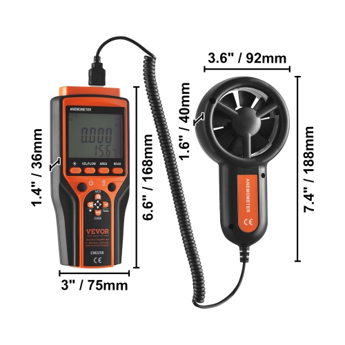 VEVOR 14℉-140℉ Split Handheld Anemometer, Digital Wind Speed CFM Meter Gauge with LED Backlight Screen, Measures Wind Velocity Wind Temperature Air