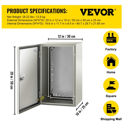 VEVOR 20"x12"x10" Steel Electrical Enclosure Box, Carbon Steel Hinged Junction Box, IP65 Weatherproof Metal Box Wall-Mounted Electronic Equipment