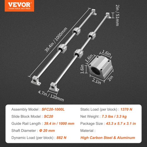 VEVOR SFC20 1000mm Linear Guide Rail Set, 2 PCS 39.4 in/1000 mm SFC20 Guide Rails 4 PCS SC20 Slide Blocks 4 PCS Rail Supports, Linear Rails and