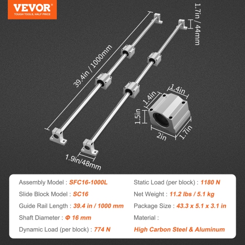 VEVOR SFC16 1000mm Linear Guide Rail Set, 2 PCS 39.4 in/1000 mm SFC16 Guide Rails 4 PCS SC16 Slide Blocks 4 PCS Rail Supports, Linear Rails and
