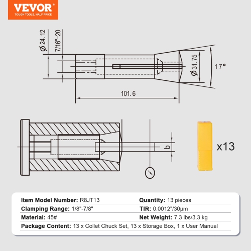 VEVOR 13 pcs Precision R8 Collet Set, 1/8'' - 7/8'', 45# Mill Collet Chuck 0.0012"/30μm TIR with 13 Labeled Storage Boxes, for Milling Machine Drill