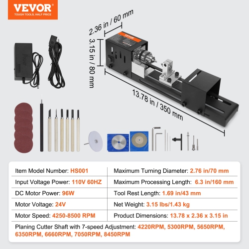 VEVOR 2.76 in x 6.3 in Mini Lathe Machine, 24VDC 96W Mini Wood Lathe Tools Milling Machine Accessories, 7 Speeds 4220/5300/5650/6350/6660/7050/8450