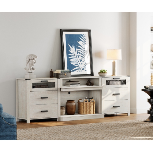 WAMPAT Farmhouse TV Stand Set for 100 inch TV,6 Drawer Entertainment Center with Storage and Open Shelves,Wood Media TV Console Table for Living and