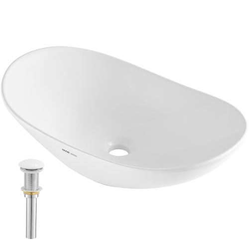 VEVOR 23.3" x 14.2" Oval Vessel Sink, Bathroom Vessel Sink Bowl Countertop, White Ceramic Bathroom Sinks Above Counter, Bowl Sink with Modern Style,