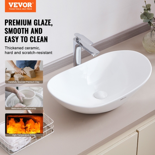 VEVOR 23.3" x 14.2" Oval Vessel Sink, Bathroom Vessel Sink Bowl Countertop, White Ceramic Bathroom Sinks Above Counter, Bowl Sink with Modern Style,