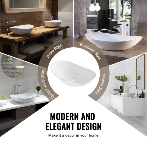 VEVOR 23.3" x 14.2" Oval Vessel Sink, Bathroom Vessel Sink Bowl Countertop, White Ceramic Bathroom Sinks Above Counter, Bowl Sink with Modern Style,