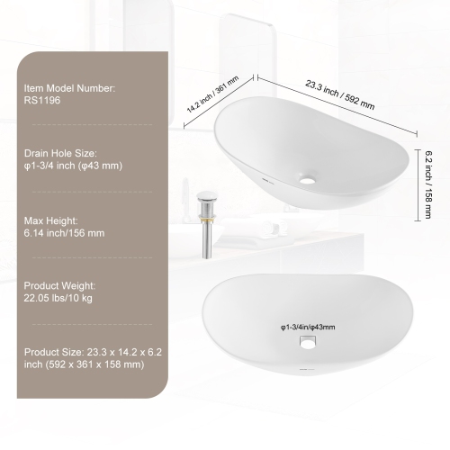 VEVOR 23.3" x 14.2" Oval Vessel Sink, Bathroom Vessel Sink Bowl Countertop, White Ceramic Bathroom Sinks Above Counter, Bowl Sink with Modern Style,