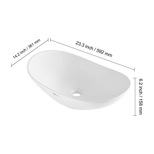 VEVOR 23.3" x 14.2" Oval Vessel Sink, Bathroom Vessel Sink Bowl Countertop, White Ceramic Bathroom Sinks Above Counter, Bowl Sink with Modern Style,