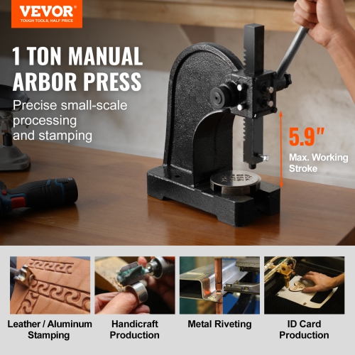 VEVOR 1 Ton Manual Arbor Press, 5.9" Maximum Height, Cast Iron Heavy-duty Manual Desktop Arbor Press, Precision Hand Press for Stamping, Bending,