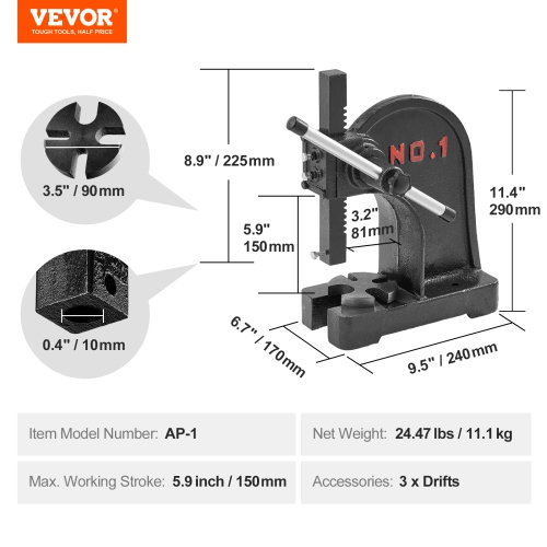VEVOR 1 Ton Manual Arbor Press, 5.9" Maximum Height, Cast Iron Heavy-duty Manual Desktop Arbor Press, Precision Hand Press for Stamping, Bending,
