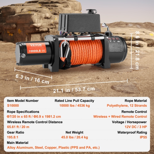 VEVOR 10,000 lb Electric Winch, 12V DC Truck Winch with Φ7/20 in x 65 ft Synthetic Rope Aluminum Fairlead Wireless & Wired Remote Control, IP55