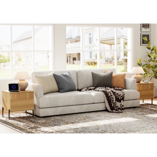 WAMPAT Fluted Nightstands Set of 2 with Charging Station, 18” Modern Bedside Table with 4 Drawers, Wooden End Table with USB Ports and Outlets for