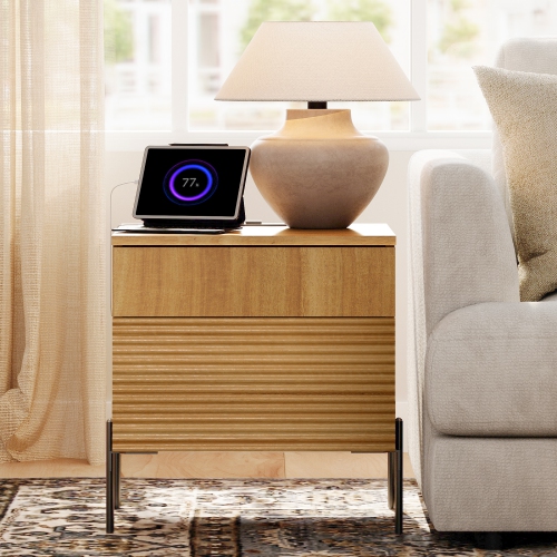 WAMPAT Fluted Nightstand with Charging Station, 18” Modern Bedside Table with 2 Drawers, Wooden End Table Night Stand with USB Ports and Outlets for