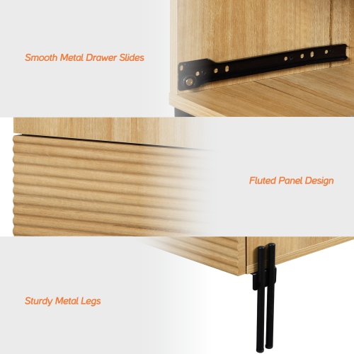 WAMPAT Fluted Nightstand with Charging Station, 18” Modern Bedside Table with 2 Drawers, Wooden End Table Night Stand with USB Ports and Outlets for