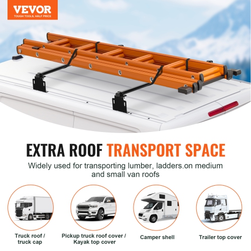 VEVOR 60" Trailer Ladder Rack, 2 Crossbars Ladder Roof Rack, Heavy-duty Steel Van Roof Ladder Rack, 500 lbs Capacity Van Ladder Rack, Fit for