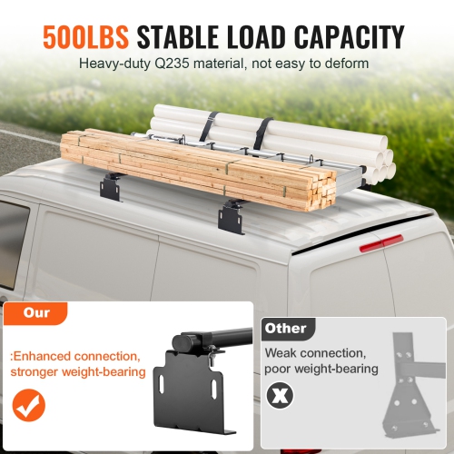 VEVOR 60" Trailer Ladder Rack, 2 Crossbars Ladder Roof Rack, Heavy-duty Steel Van Roof Ladder Rack, 500 lbs Capacity Van Ladder Rack, Fit for