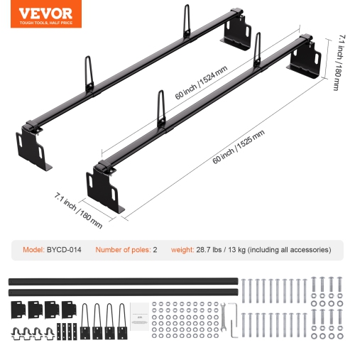 VEVOR 60" Trailer Ladder Rack, 2 Crossbars Ladder Roof Rack, Heavy-duty Steel Van Roof Ladder Rack, 500 lbs Capacity Van Ladder Rack, Fit for