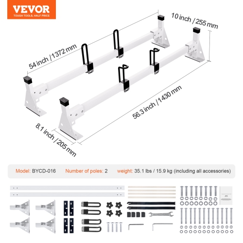 VEVOR 54" Trailer Ladder Rack, 2 Crossbars Ladder Roof Rack,Steel Van Roof Ladder Rack, 600 lbs Capacity Van Ladder Rack with Straps, Fit for Ford
