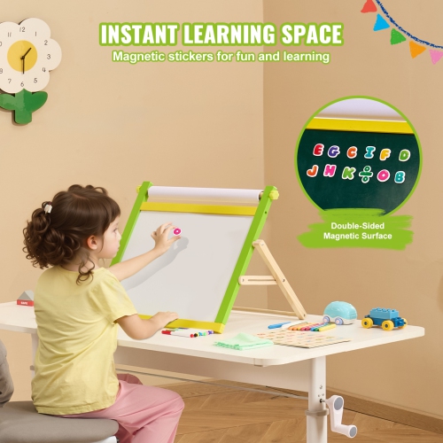 VEVOR 3-in-1 Tabletop Art Easel for Kids, Wooden Double-Sided Kid's Art Easel with Magnetic Whiteboard, Chalkboard, Paper Roll, Foldable Portable