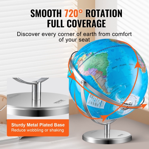 Globe du monde illuminé VEVOR 13&nbsp;po/330,2&nbsp;mm avec support, globe terrestre éducatif avec base en métal robuste stable et carte imprimée HD