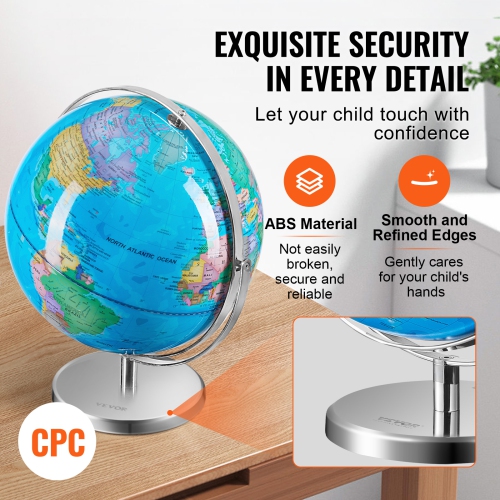 Globe du monde illuminé VEVOR 13&nbsp;po/330,2&nbsp;mm avec support, globe terrestre éducatif avec base en métal robuste stable et carte imprimée HD