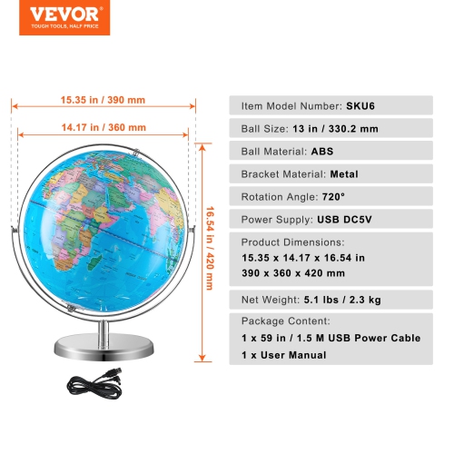 Globe du monde illuminé VEVOR 13&nbsp;po/330,2&nbsp;mm avec support, globe terrestre éducatif avec base en métal robuste stable et carte imprimée HD