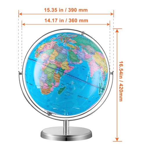 Globe du monde illuminé VEVOR 13&nbsp;po/330,2&nbsp;mm avec support, globe terrestre éducatif avec base en métal robuste stable et carte imprimée HD
